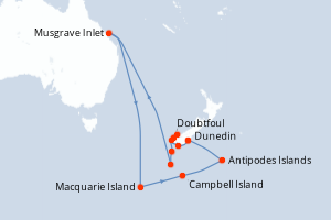 Carte itinéraire croisière Îles Subantarctiques de Nouvelle-Zélande - 14 jours au départ de Dunedin - Australie Nouvelle Zélande