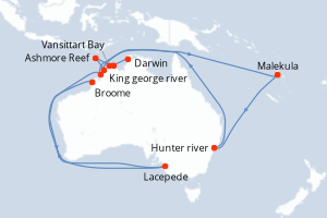 Carte itinéraire croisière Le Kimberley emblématique - 10 jours au départ de Darwin - Australie Nouvelle Zélande