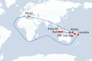Carte itinéraire croisière Des îles Fidji à Bali - 20 jours au départ de Lautoka - Asie