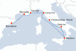 Carte itinéraire croisière Espagne, France, Italie - 7 jours au départ de Barcelone - Méditerranée