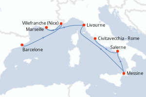 Carte itinéraire croisière Espagne, France, Italie - 7 jours au départ de Barcelone - Méditerranée