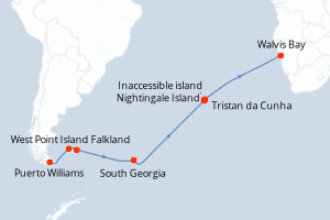 Carte itinéraire croisière Namibie, Royaume-Uni, Antarctique, Îles Malouines, Chili - 21 jours au départ de Puerto Williams - Transatlantique