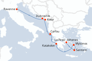 Carte itinéraire croisière Italie, Croatie, Monténégro, Grèce - 7 jours au départ de Ravenne - Méditerranée