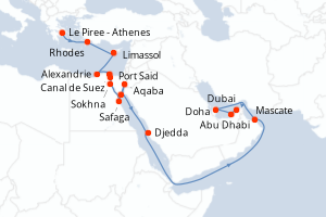 Carte itinéraire croisière Grèce, Chypre, Egypte, Jordanie, Arabie Saoudite, Oman, Qatar, Emirats Arabes Unis - 21 jours au départ de Le Piree - Athenes - Moyen-Orient Dubaï