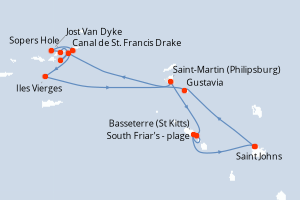 Carte itinéraire croisière Antigua à Antigua - 7 jours au départ de Saint Johns - Caraïbes Bahamas