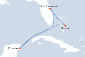 Carte itinéraire croisière États-Unis, Bahamas, Mexique - 5 jours au départ de Port Canaveral - Caraïbes Bahamas