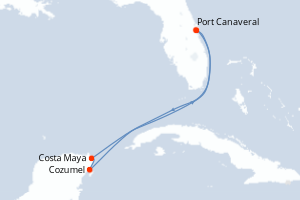 Carte itinéraire croisière États-Unis, Mexique - 5 jours au départ de Port Canaveral - Caraïbes Bahamas