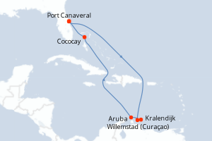 Carte itinéraire croisière États-Unis, Pays-Bas, Bahamas - 9 jours au départ de Port Canaveral - Caraïbes Bahamas