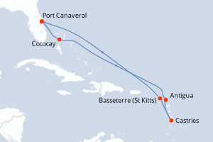 Carte itinéraire croisière États-Unis, Bahamas, Antigua-et-Barbuda, Sainte-Lucie, Royaume-Uni - 9 jours au départ de Port Canaveral - Caraïbes Bahamas