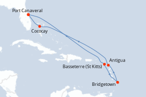 Carte itinéraire croisière États-Unis, Royaume-Uni, Barbade, Antigua-et-Barbuda, Bahamas - 9 jours au départ de Port Canaveral - Caraïbes Bahamas