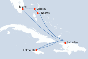 Carte itinéraire croisière États-Unis, Bahamas, Haïti, Jamaïque - 7 jours au départ de Miami - Caraïbes Bahamas