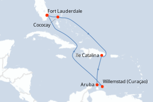 Carte itinéraire croisière États-Unis, Bahamas, République Dominicaine, Pays-Bas - 8 jours au départ de Fort Lauderdale - Caraïbes Bahamas