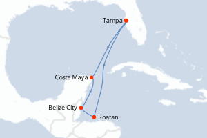 Carte itinéraire croisière États-Unis, Mexique, Belize, Honduras - 7 jours au départ de Tampa - Caraïbes Mexique