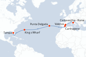 Carte itinéraire croisière Italie, Espagne, Portugal, Royaume-Uni, États-Unis - 15 jours au départ de Civitavecchia - Rome - Transatlantique