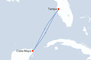 Carte itinéraire croisière États-Unis, Mexique - 4 jours au départ de Tampa - Caraïbes Mexique