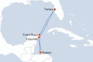 Carte itinéraire croisière États-Unis, Honduras, Mexique - 7 jours au départ de Tampa - Caraïbes Mexique
