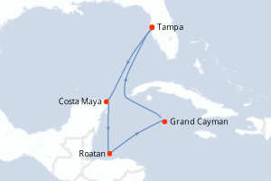 Carte itinéraire croisière États-Unis, Mexique, Honduras, Caïmans (Îles) - 7 jours au départ de Tampa - Caraïbes Mexique