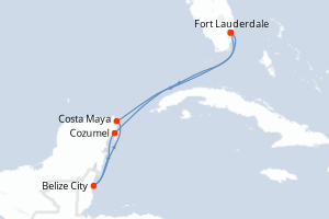 Carte itinéraire croisière États-Unis, Mexique, Belize - 6 jours au départ de Fort Lauderdale - Caraïbes Bahamas