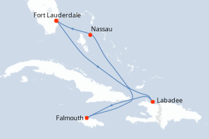 Carte itinéraire croisière États-Unis, Haïti, Jamaïque, Bahamas - 6 jours au départ de Fort Lauderdale - Caraïbes Bahamas