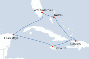 Carte itinéraire croisière États-Unis, Mexique, Jamaïque, Haïti, Bahamas - 8 jours au départ de Fort Lauderdale - Caraïbes Bahamas