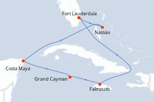 Carte itinéraire croisière États-Unis, Jamaïque, Caïmans (Îles), Mexique, Bahamas - 8 jours au départ de Fort Lauderdale - Caraïbes Bahamas