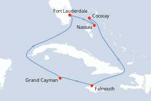 Carte itinéraire croisière États-Unis, Bahamas, Jamaïque, Caïmans (Îles) - 8 jours au départ de Fort Lauderdale - Caraïbes Bahamas