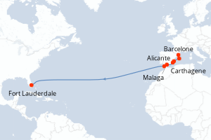 Carte itinéraire croisière Espagne, Maroc, États-Unis - 14 jours au départ de Barcelone - Transatlantique