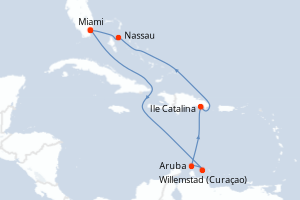 Carte itinéraire croisière États-Unis, Pays-Bas, République Dominicaine, Bahamas - 9 jours au départ de Miami - Caraïbes Bahamas