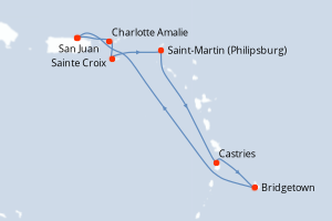 Carte itinéraire croisière Porto Rico, Royaume-Uni, États-Unis, Pays-Bas, Sainte-Lucie, Barbade - 7 jours au départ de San Juan - Caraïbes Bahamas
