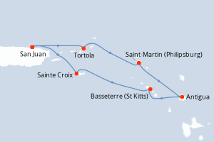 Carte itinéraire croisière Porto Rico, Pays-Bas, Antigua-et-Barbuda, Royaume-Uni, États-Unis - 7 jours au départ de San Juan - Caraïbes Bahamas