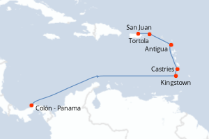 Carte itinéraire croisière Panama, Saint Vincent-et-les-Grenadines, Sainte-Lucie, Antigua-et-Barbuda, Royaume-Uni, Porto Rico - 7 jours au départ de Colon - Panama - Caraïbes Bahamas