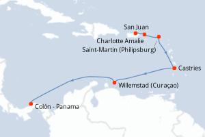 Carte itinéraire croisière Porto Rico, Royaume-Uni, Pays-Bas, Sainte-Lucie, Panama - 7 jours au départ de San Juan - Riviera Mexicaine