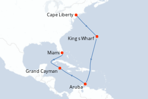 Carte itinéraire croisière Royaume-Uni, Pays-Bas, Caïmans (Îles), États-Unis - 9 jours au départ de Cape Liberty - Caraïbes Bahamas