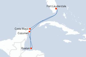 Carte itinéraire croisière États-Unis, Honduras, Mexique - 7 jours au départ de Fort Lauderdale - Caraïbes Bahamas