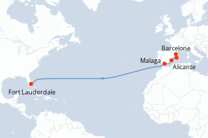 Carte itinéraire croisière Espagne, États-Unis - 13 jours au départ de Barcelone - Transatlantique