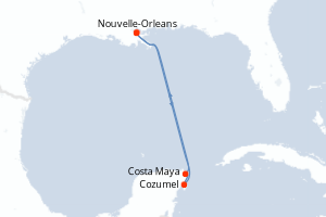 Carte itinéraire croisière États-Unis, Mexique - 6 jours au départ de Nouvelle-Orleans - Caraïbes Mexique