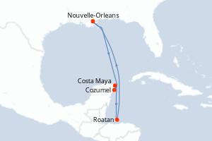 Carte itinéraire croisière États-Unis, Mexique, Honduras - 7 jours au départ de Nouvelle-Orleans - Caraïbes Mexique