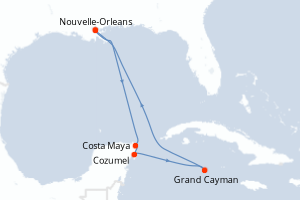 Carte itinéraire croisière États-Unis, Mexique, Caïmans (Îles) - 8 jours au départ de Nouvelle-Orleans - Caraïbes Mexique