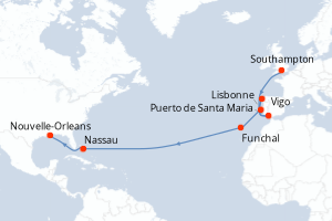 Carte itinéraire croisière Royaume-Uni, Espagne, Portugal, Bahamas, États-Unis - 17 jours au départ de Southampton - Transatlantique