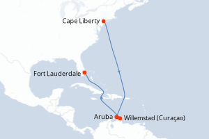 Carte itinéraire croisière Pays-Bas, États-Unis - 9 jours au départ de Cape Liberty - Caraïbes Bahamas