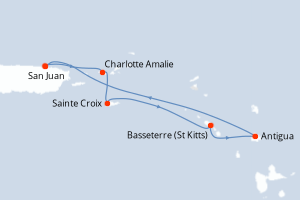 Carte itinéraire croisière Porto Rico, Royaume-Uni, États-Unis, Antigua-et-Barbuda - 6 jours au départ de San Juan - Caraïbes Bahamas