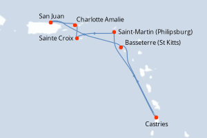 Carte itinéraire croisière Porto Rico, Royaume-Uni, États-Unis, Pays-Bas, Sainte-Lucie - 7 jours au départ de San Juan - Caraïbes Bahamas