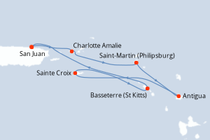 Carte itinéraire croisière Porto Rico, Royaume-Uni, Pays-Bas, Antigua-et-Barbuda, États-Unis - 7 jours au départ de San Juan - Caraïbes Bahamas
