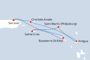 Carte itinéraire croisière Porto Rico, Royaume-Uni, Antigua-et-Barbuda, Pays-Bas, États-Unis - 7 jours au départ de San Juan - Caraïbes Bahamas