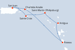 Carte itinéraire croisière Porto Rico, Royaume-Uni, Dominique, Antigua-et-Barbuda, Pays-Bas, États-Unis - 7 jours au départ de San Juan - Caraïbes Bahamas