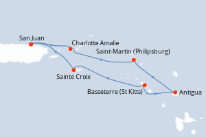 Carte itinéraire croisière Porto Rico, Royaume-Uni, Pays-Bas, Antigua-et-Barbuda, États-Unis - 7 jours au départ de San Juan - Caraïbes Bahamas