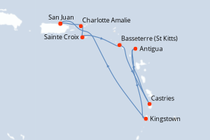 Carte itinéraire croisière Porto Rico, Royaume-Uni, États-Unis, Sainte-Lucie, Antigua-et-Barbuda, Saint Vincent-et-les-Grenadines - 8 jours au départ de San Juan - Caraïbes Bahamas