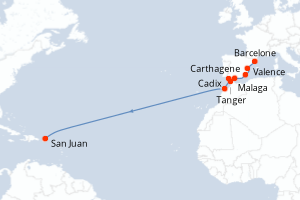 Carte itinéraire croisière Espagne, Maroc, Porto Rico - 14 jours au départ de Barcelone - Transatlantique