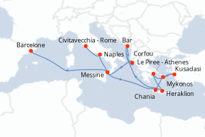 Carte itinéraire croisière Mediterráneo con Grecia, Turquía y Adriá - 14 jours au départ de Civitavecchia - Rome - Méditerranée