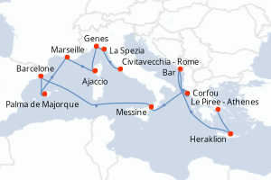 Carte itinéraire croisière Mediterráneo occidental con Grecia e Ita - 14 jours au départ de Le Piree - Athenes - Méditerranée